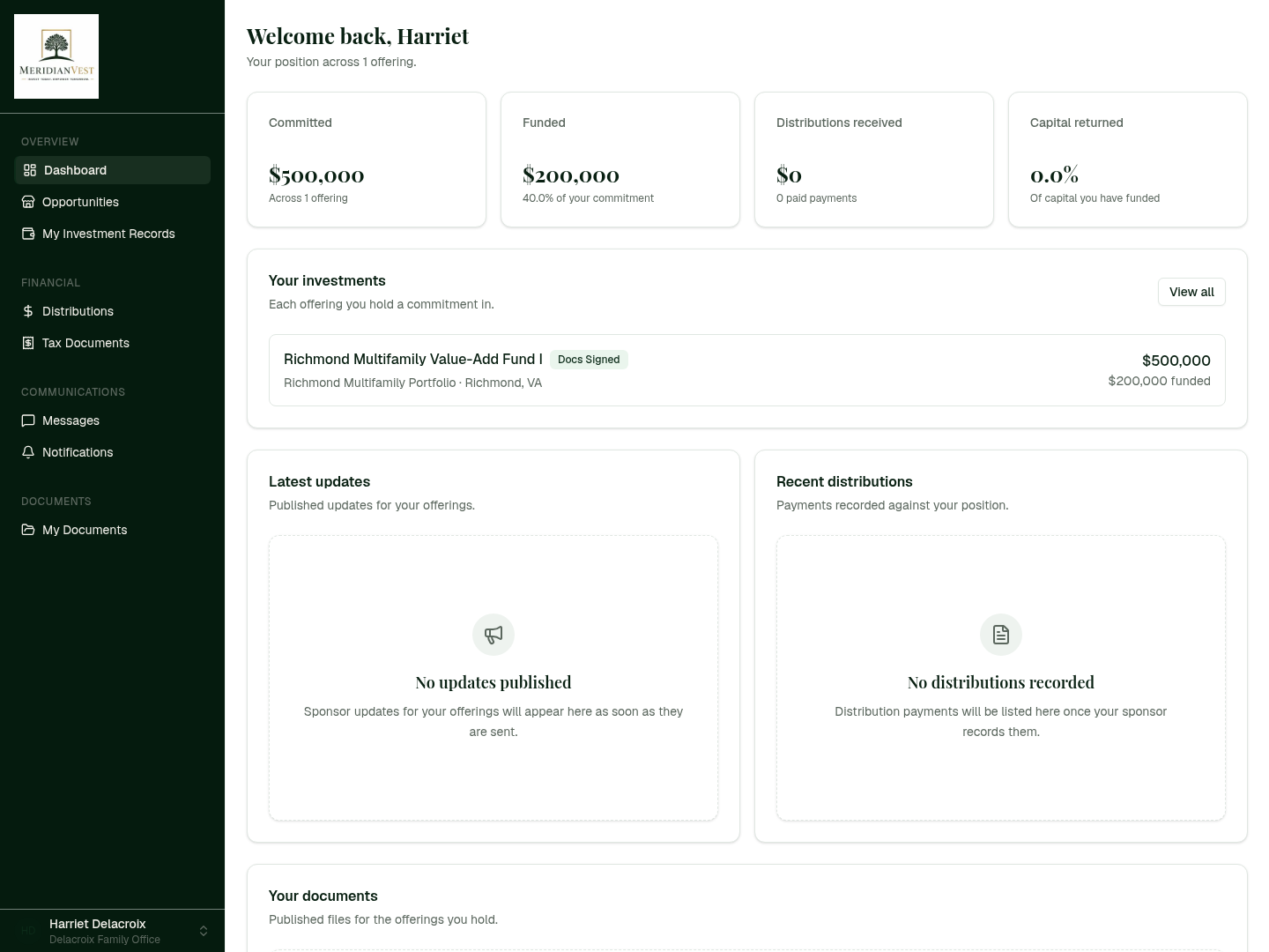 The MeridianVest investor dashboard, showing committed and funded totals, a list of investments, and panels for updates, distributions, and documents